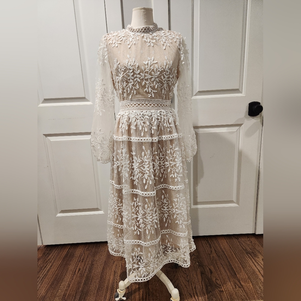 Ivy City Co Sicily White Champagne Floral Lace Midi High Neck Long Sleeve Dress